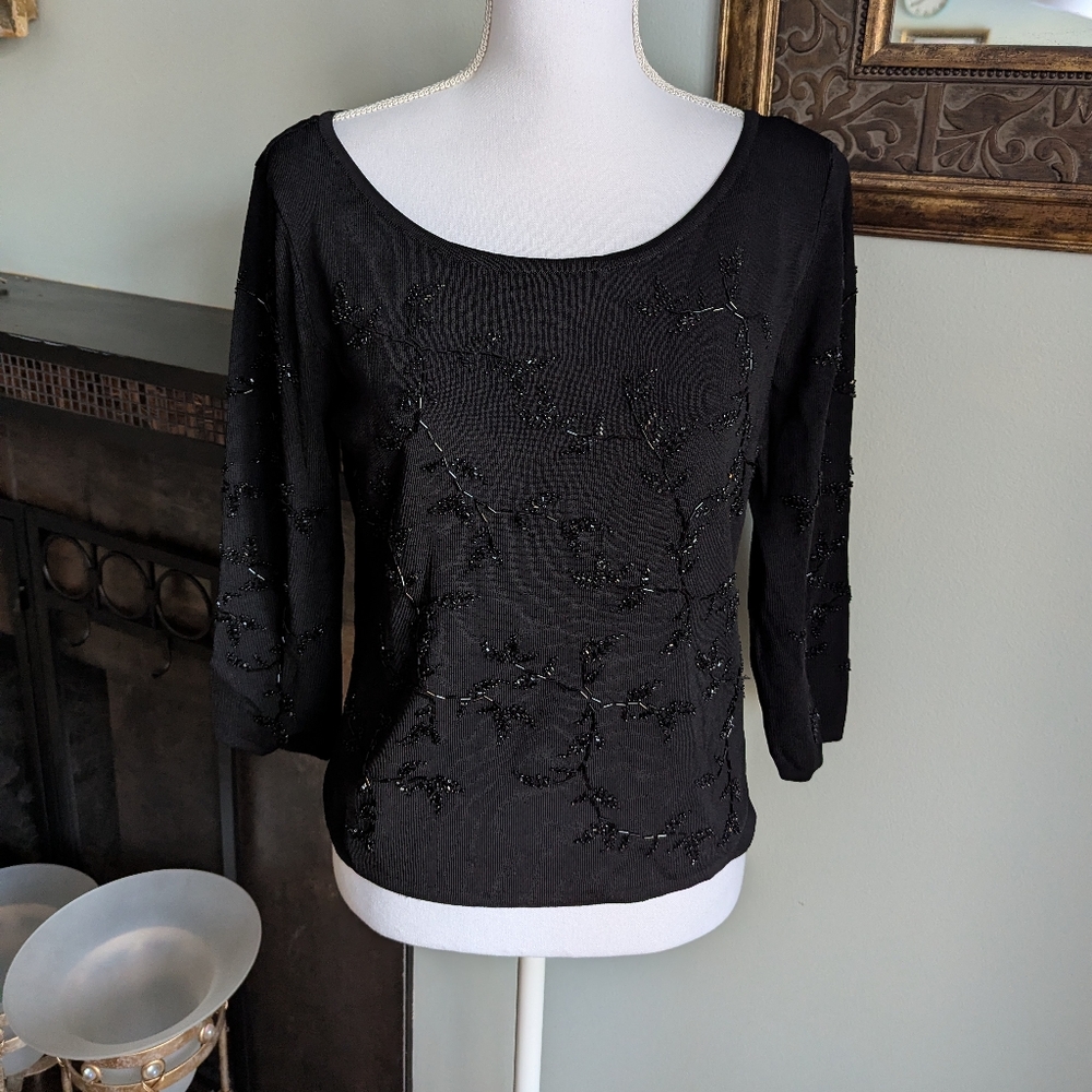 Y2K 90s Sandra Darren Women's Medium Black Floral Beaded 3/4 Sleeve Knit Top 150